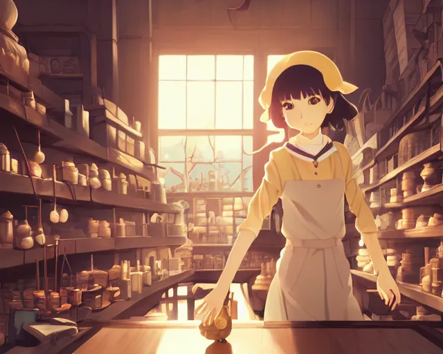 Image similar to anime visual, portrait of a young female traveler in a alchemist's shop interior, cute face by yoh yoshinari, katsura masakazu, studio lighting, dynamic pose, dynamic perspective, strong silhouette, anime cels, ilya kuvshinov, cel shaded, crisp and sharp, rounded eyes, moody