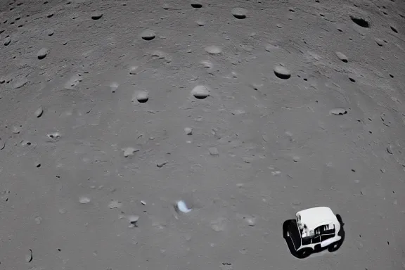 Prompt: a wide angle photo of a bus on the moon