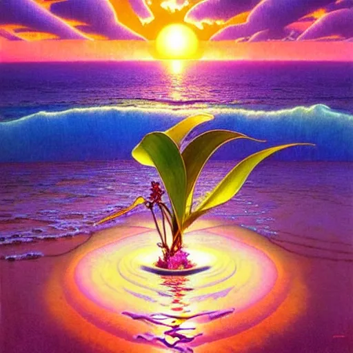Prompt: orchid flower surrounded by ocean wave, lsd water, dmt waves, backlit, sunset, refracted lighting, art by collier, albert aublet, krenz cushart, artem demura, alphonse mucha