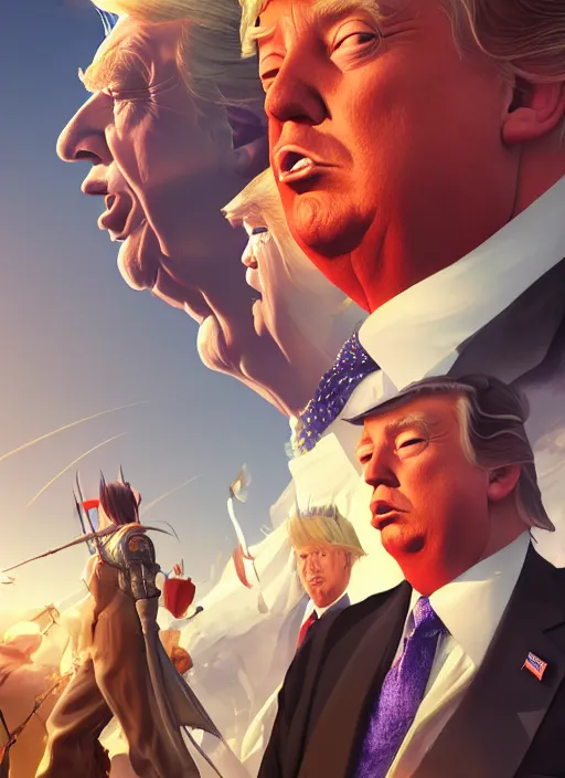 Image similar to a Photorealistic dramatic hyperrealistic, Donald Trump and Nigel Farage in FF14 by WLOP, Artgerm, Greg Rutkowski, Alphonse Mucha, Beautiful dynamic, shadows, Artstation, concept design art,Octane render,8K