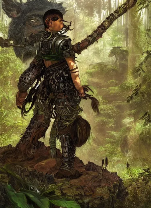 Image similar to portrait of a little cyborg warrior boy character sitting on top of a giant armored tiger a lush jungle, epic character with dark skin and beautiful green eyes. the boy has a very beautiful detailed symmetrical face, long black hair. diffuse night light, dramatic landscape, fantasy illustration, matte painting by mucha