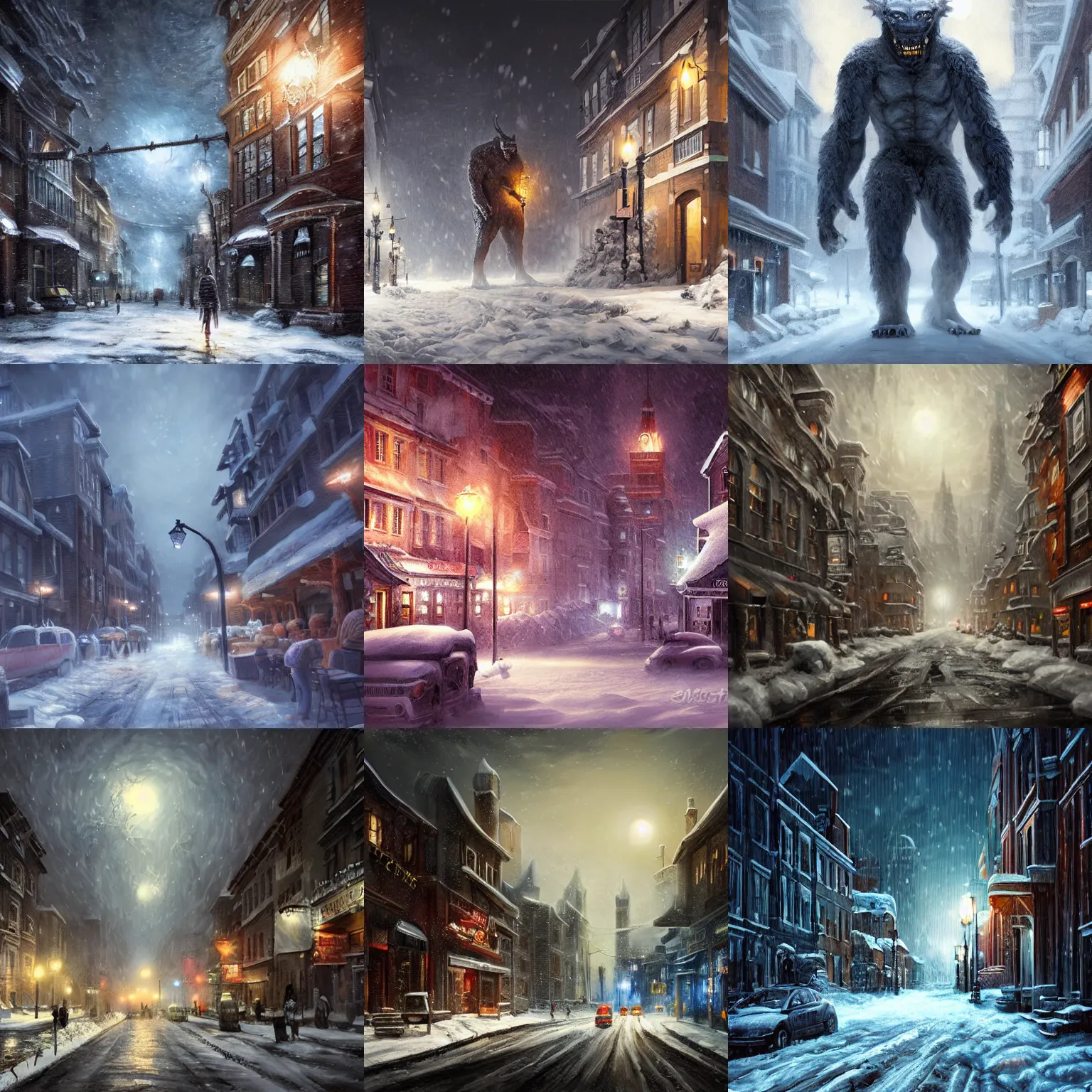 Prompt: a giant monster in a snowy town at night, realistic painting, high definition, digital art, matte painting, very detailed, realistic