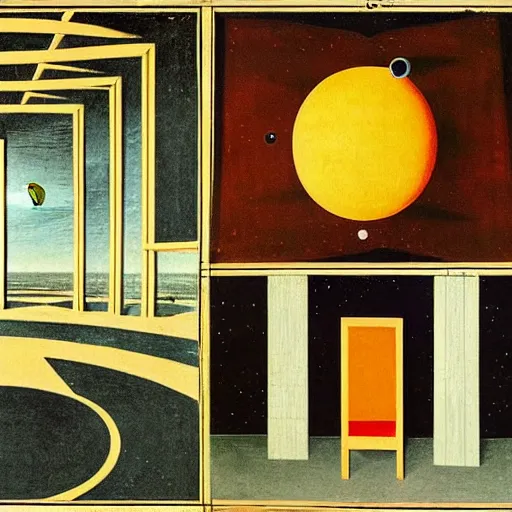 Prompt: a parade of disconnected images : obscure corners of nameless interiors, astronomical diagrams projecting the distances between celestial bodies, a painting by giorgio de chirico, a list of unpopular anagrams.