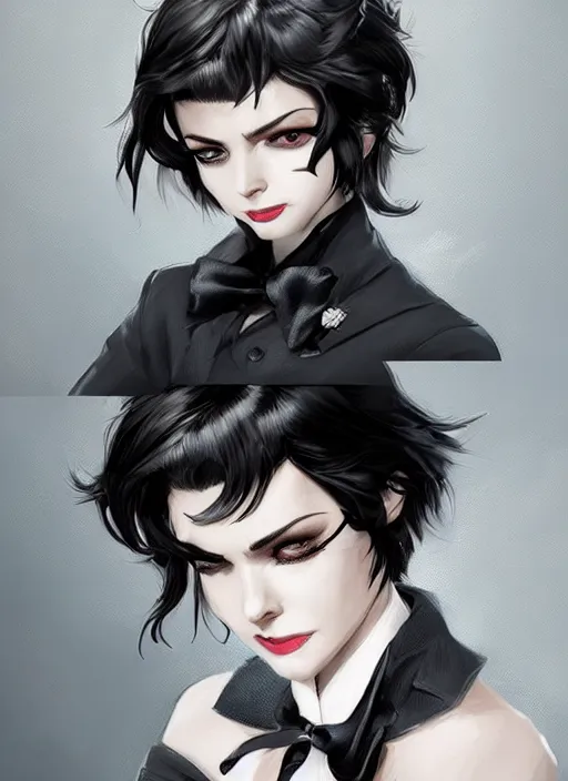 Image similar to a highly detailed illustration of beautiful short black messy haired woman wearing eyepatch!!! and noir style suit and tie, dramatic smiling pose, intricate, elegant, highly detailed, centered, digital painting, artstation, concept art, smooth, sharp focus, league of legends concept art, WLOP