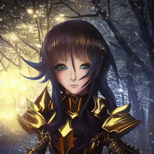 Image similar to focus face portrait of beautiful darkness knight 3D anime girl, golden armor wearing, dark forest background, snowing, bokeh, inspired by Masami Kurumada, digital painting, high contrast, unreal engine render, volumetric lighting, high détail