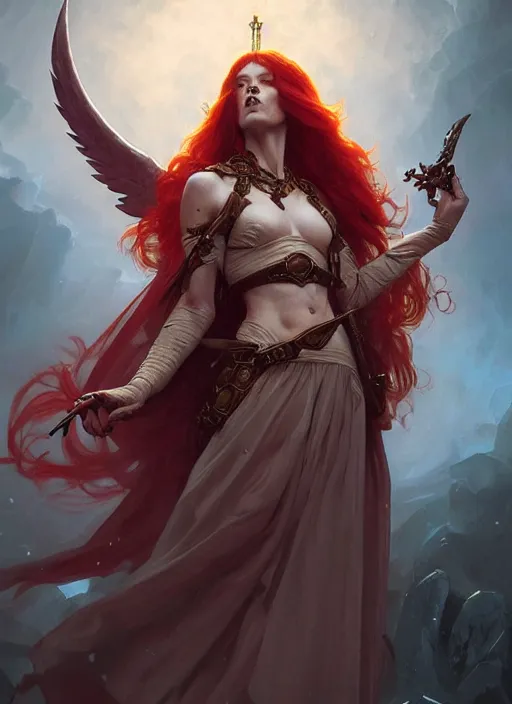 Prompt: a beautiful red haired woman as the angel of death, deep focus, d & d, fantasy, intricate, elegant, highly detailed, digital painting, artstation, concept art, matte, sharp focus, illustration, hearthstone, art by artgerm and greg rutkowski and alphonse mucha