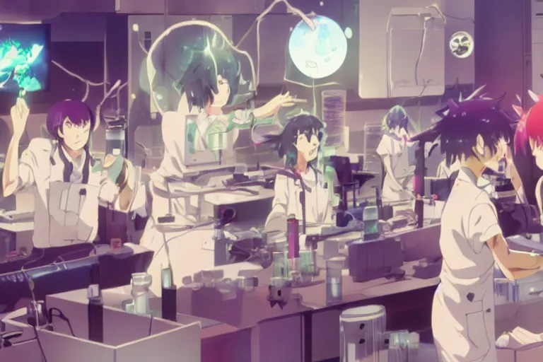 Image similar to anime still of reckless!!! whimsical! trippy scientists in a lab inventing, presentation, scattered tables overloaded with doomsday devices and beakers and test tubes, by makoto shinkai yoshinari yoh ilya kuvshinov