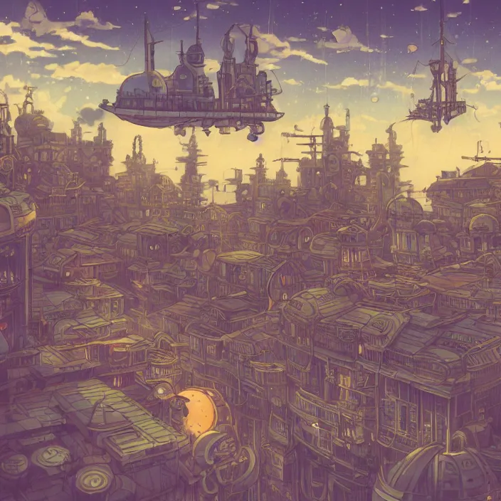 Prompt: a floating city in a night sky, with a steampunk aesthetic and dirigibles floating in the air. inspired by the works of Hayao Miyazaki, Laura Sighed, and Studio Ghibli. Aetherpunk, cityscape, detailed, high contrast, bright colors, inspired by Studio Ghibli, art by Laura Sighed, digital painting, 4k