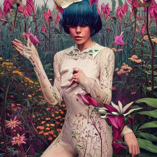 Image similar to pretty model with white wolf, white lilies : : by martine johanna and simon stalenhag and chie yoshii and casey weldon and wlop : : ornate, dynamic, particulate, rich colors, intricate, elegant, highly detailed, vogue, wolf, harper's bazaar art, fashion magazine, smooth, sharp focus, 8 k, octane render