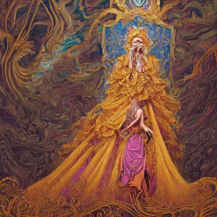 Image similar to beautiful oil painting, full length portrait of dauphinois in baroque coronation robes 1701, Dan Mumford, Dan Mumford, Alex grey, highly detailed , lsd visuals, dmt fractal patterns, hallucinogen, visionary art, psychedelic art, ornate, vaporwave, baroque, Greg rutkowski