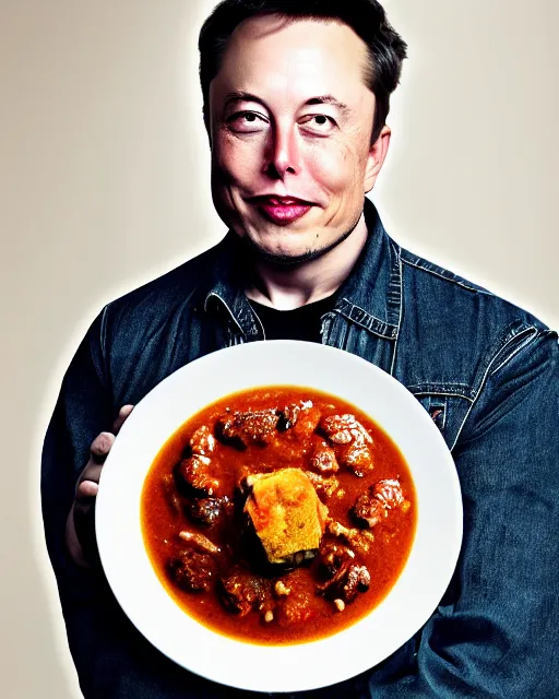 Prompt: a portrait of elon musk with a plate containing idli and sambar in front of him, highly detailed, trending on artstation, bokeh, 9 0 mm, f / 1. 4