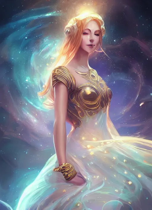 Image similar to a highly detailed illustration of elegant goddess wearing cosmic dress, elegant floating pose, beautiful detailed figure, nebula background, closed eyes smile expression, intricate, elegant, highly detailed, centered, digital painting, artstation, concept art, smooth, sharp focus, league of legends concept art, wlop