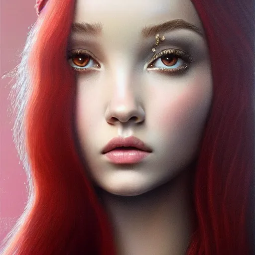Image similar to tom bagshaw portrait, beautiful mix of dove cameron madison beer bella poarch in a full ballerina suit, short redhead, professionally retouched, focus eyes, ultra realistic soft painting, insanely detailed linework, symmetrical accurate intricate features, behance, 8 k, - signature