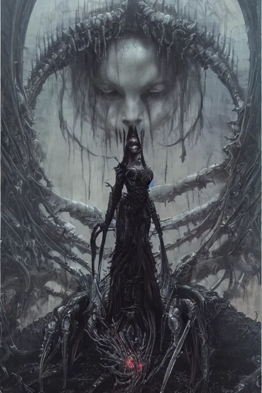 Image similar to portrait of hannah murray by hr giger, greg rutkowski, luis royo and wayne barlowe as a diablo, resident evil, dark souls, bloodborne monster