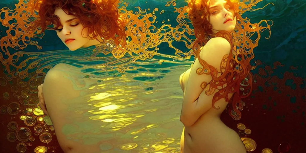 Image similar to mind bending ocean waves of glossy liquid honey drops flowing like psychedelic translucent amber, lsd waves, lsd ripples, backlit, sunset, refracted lighting, art by collier, albert aublet, krenz cushart, artem demura, alphonse mucha