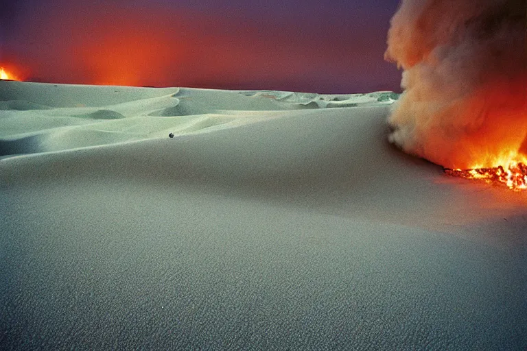 Prompt: blue hour, sand dunes beneath fire, 35mm, film photo, steve mccurry