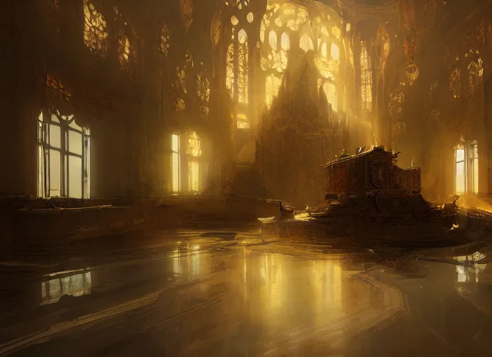 Image similar to new golden house interior with throne volumetric lighting, digital painting, highly detailed, artstation, sharp focus, illustration, concept art, ruan jia, steve mccurry, amazing composition