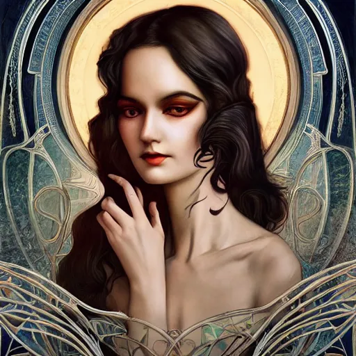 Image similar to an art nouveau, ( art deco ), multi - racial portrait in the style of anna dittmann and charlie bowater and chanthara. very large, clear, expressive, and intelligent eyes. centered, ultrasharp focus, dramatic lighting, photorealistic digital matte painting, intricate symmetrical ultra detailed background.