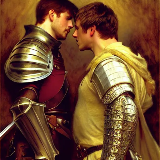 Image similar to attractive arthur pendragon and his attractive male knight, they are in love, natural lighting, path traced, highly detailed, high quality, digital painting, by gaston bussiere, craig mullins, alphonse mucha j. c. leyendecker