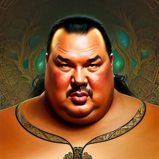 Prompt: Obese Steven Seagal, fantasy, intricate, elegant, highly detailed, digital painting, artstation, concept art, matte, sharp focus, illustration, art by Artgerm and Greg Rutkowski and Alphonse Mucha