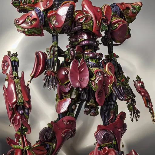 Prompt: futuristic aristolochia gigantea mecha brazilian dutchman's pipe body, sepals forming helmet, floral details, aristolochia, 8 k hd resolution, barbatos gundam with floral inlay, bandai box art, star wars, makoto kobayashi, frank gehry, raymond swanland