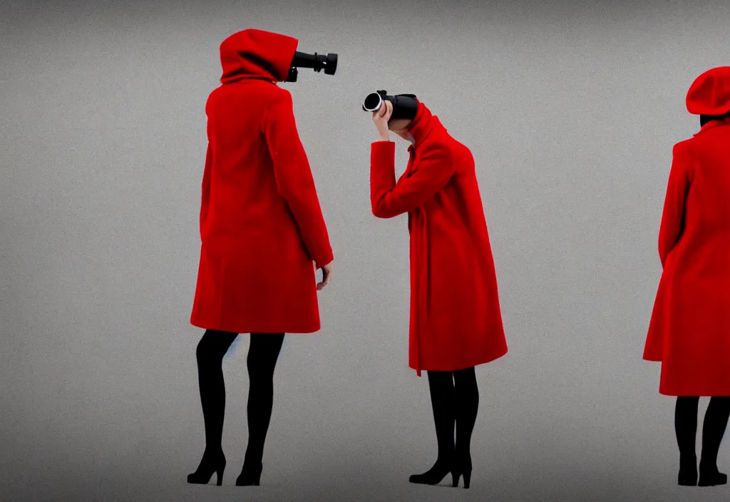 Image similar to young european woman in a long red coat peering through binoculars, portait, in the style of wes anderson, rene magritte, lola dupre, david hockney, isolated on white background, dark monochrome neon spraypaint accents octane render