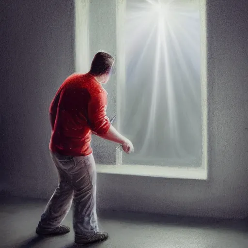 Prompt: high quality high detail painting by john salt, realistic peter griffin standing in a basement with concrete floor. light ray from a blurry window, floating dust, motion blur, gloomy, stippled walls, cinematic shot, epic, realistic, 4 k, perfectly defined features