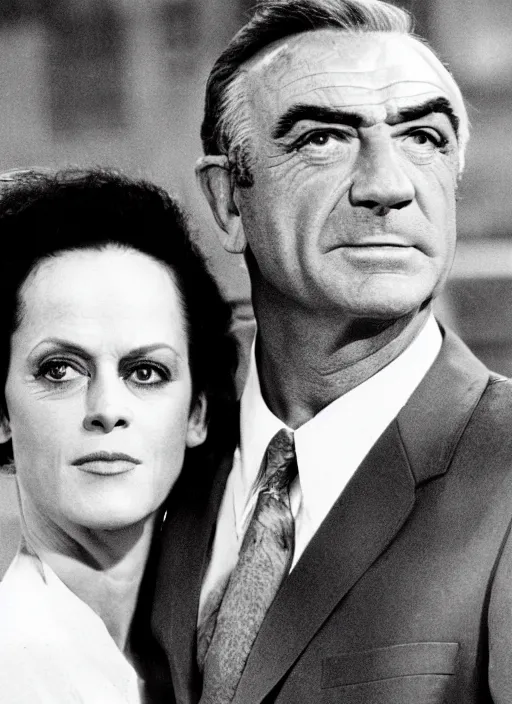 Prompt: genetic combination of sean connery and sigourney weaver, face and shoulders focus