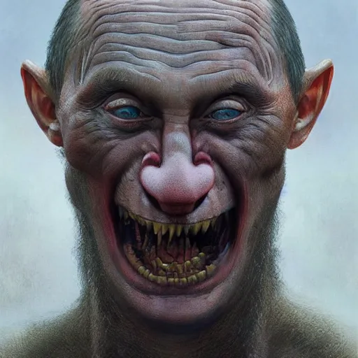 Image similar to vladimir putin, putin is bald prehistoric primate caveman, reptiloid reptile eyes, toothless, missing teeth, horror macabre face, clown nose, by donato giancola and greg rutkowski and wayne barlow and zdzisław beksinski, realistic face, digital art