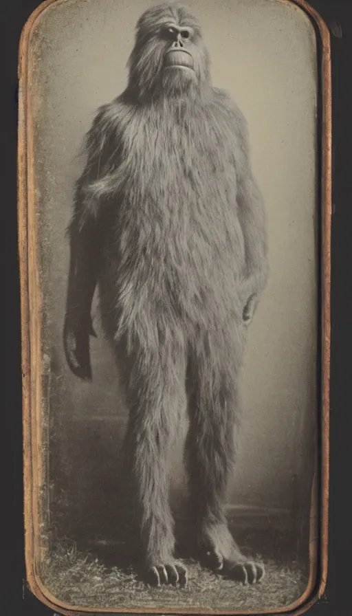 Prompt: Daguerreotype portrait of bigfoot, fullbody