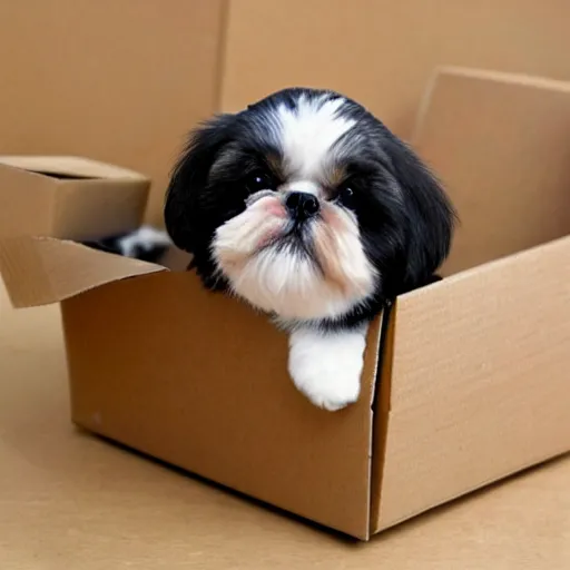 Prompt: cute shih tzu puppy in a cardboard box