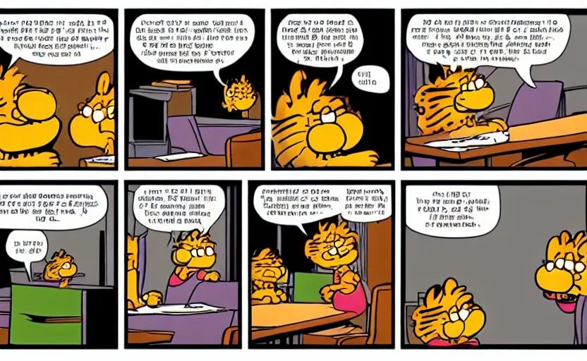 Image similar to a 3 panel Garfield comic. The first panel is Garfield sitting at a table with a speech bubble saying “There’s nothing happening”. The second panel is Jon Arbuckle talking to Garfield at the table with a speech bubble saying “I finally got the wildfire in my sock drawer under control!”. The third panel is Garfield at the table with a speech bubble saying “Out of the ordinary, I mean.”