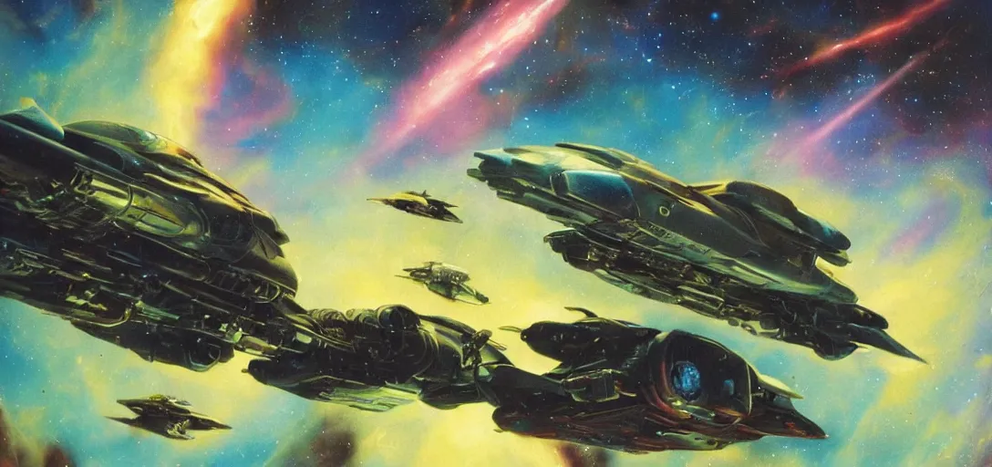 Prompt: a starship and spaceship battle across the oil painted nebula, lasers in mid flight, by chris foss, syd mead, ralph mcquarie, art station, high detail, award winning, psychedelic and glittering, cinematic composistion