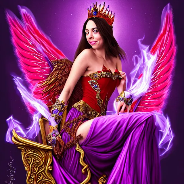 Image similar to Princess sorceress with red flaming bird wings on her back and sitting on an ornate throne dressed in a fancy purple dress, beautiful realistic face similar to aubrey plaza, Fantasy, Full Portrait, High detail, realistic, planeswalker