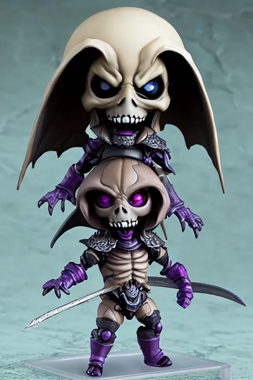 Image similar to nendoroid skeletor, kawaii dark souls boss, detailed, cute, digital concept art, trending on artstation + white skinned diablo concept art demon full body render high resolution photorealistic