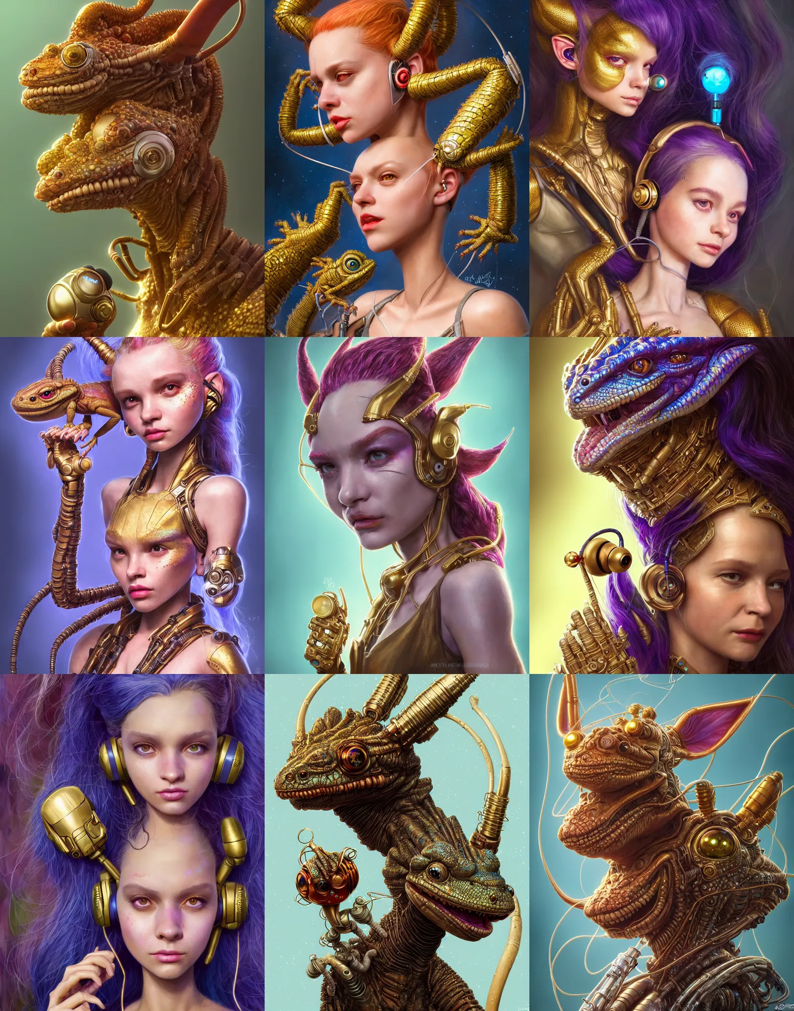 Prompt: disney weta portrait, soft lustrous biotech lizard girl raver white clowncore marvel cyborg, earbuds, golden ratio, sci - fi, fantasy, cyberpunk, intricate, decadent, highly detailed, digital painting, ever after high, octane render, artstation, concept art, smooth, sharp focus, illustration, art by pixar, artgerm, loish, wlop