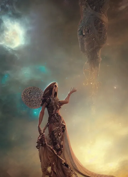 Image similar to epic portrait of menacing, agitated, anxious yet stunningly beautiful biomechanical djinn overseeing the iridescent fabric of the universe, by charlie bowater, mandy jurgens, gustav klimt, octane render, dramatic camera angle, 4k, 8k, high detail, HDR, by tom bagshaw, powerful, with inspiration from Beksinski, inspired by greek goddess Athena