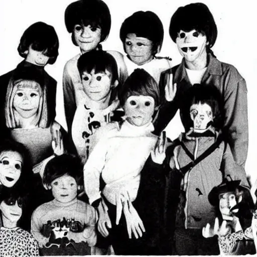 Prompt: a unsettling image of a happy childrens tv show, eerie, spooky photo, 1 9 8 0 s photo