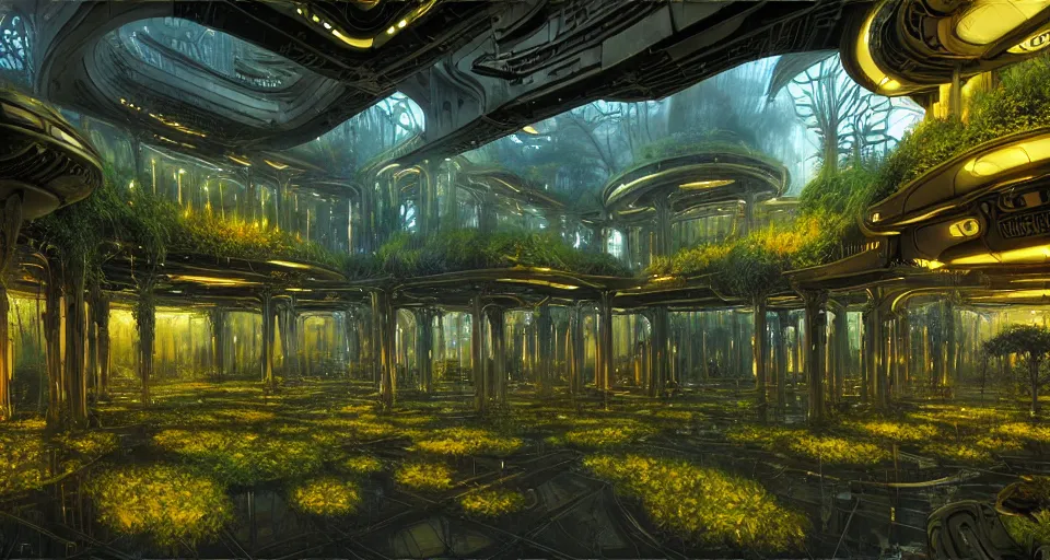 Interior of an abandoned utopian city, overgrown with | Stable 