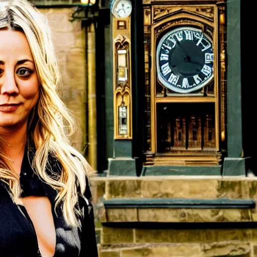 Prompt: A film still of Kaley Cuoco under the Eastgate clock in Chester. Behind her we see a black panther,70mm