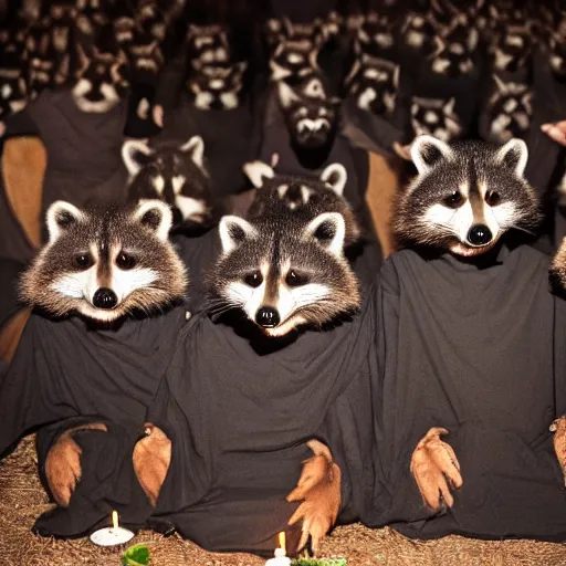 Image similar to disposable camera photo, a group of raccoons wearing dark cult robes look towards the camera in surprise and anger as they perform a dark occult evil ceremony inside the secret lair of an underground mystery cult, dramatic candlelight, ultra - detailed, photorealistic, 4 k