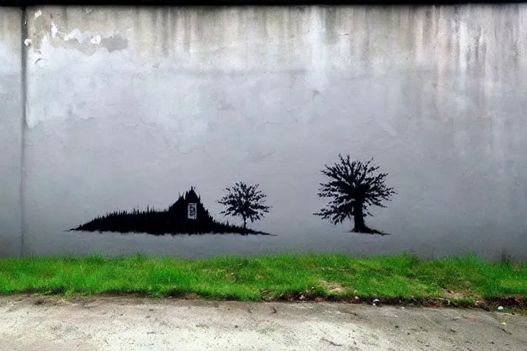 Image similar to wall painting, beautiful nature landscape, grey street wall, rule of thirds, art by banksy