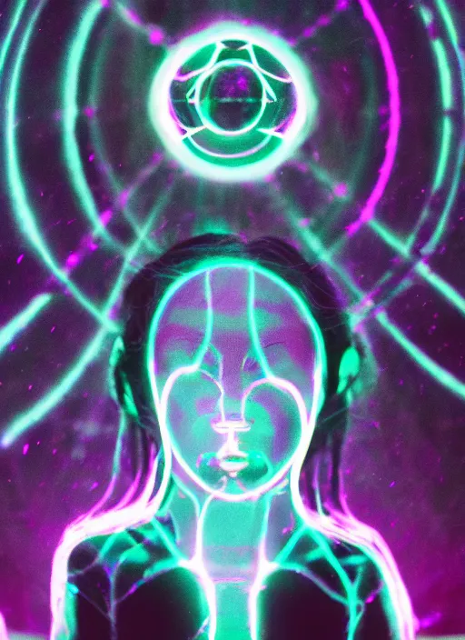 Image similar to symmetrical female ascending, glowing third eye, particle glowing aura, motion blur, film grain, cinematic lighting, experimental film, shot on 1 6 mm, luminol light, in the style of studio ghibli