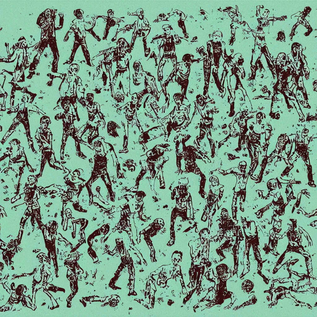 Image similar to risograph of zombies in a field, minimalist,