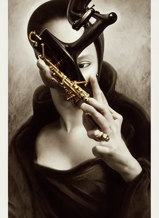 Prompt: highly detailed oil painting | very intricate | cinematic lighting | black and white, black background | the trumpet mask by alexander mcqueen | by roberto ferri, by leng jun, by j. c. leyendecker and klimt, american romanticism, by austin osman spare, artstation, cgsociety, official art, octane