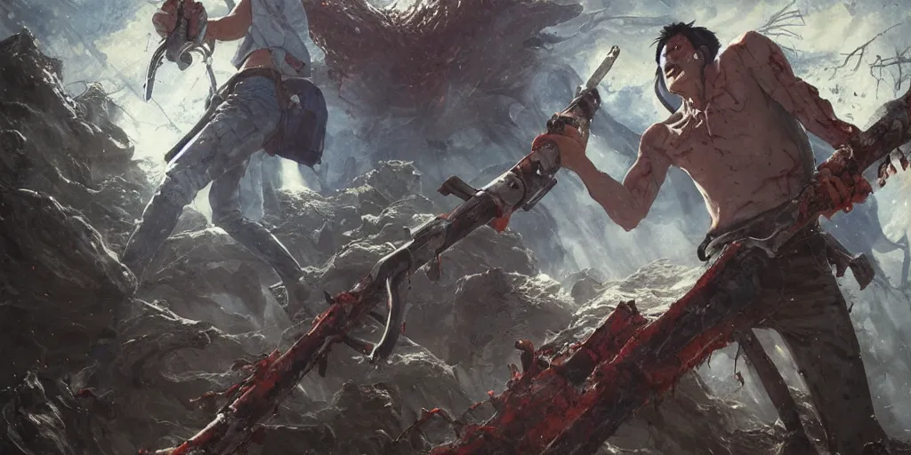 Image similar to evil dead, ash with his chainsaw arm, who fights against several undead, hyperrealistic, trending on pixiv fanbox, painted by greg rutkowski makoto shinkai takashi takeuchi studio ghibli, akihiko yoshida