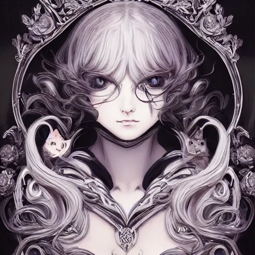 Image similar to portrait of a cat, baroque style, elegant, beautiful, mesmerizing, concept art, fancy clothing, highly detailed, artstation, behance, deviantart, inspired by innocent manga, inspired by castlevania concept art, trending, ayami kojima, shinichi sakamoto