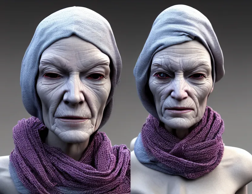 Image similar to cinematic bust portrait of robo face granny cyborg body, a scarf tied on the head, by jean giraud, trending artstaition, 3 d, unreal engine