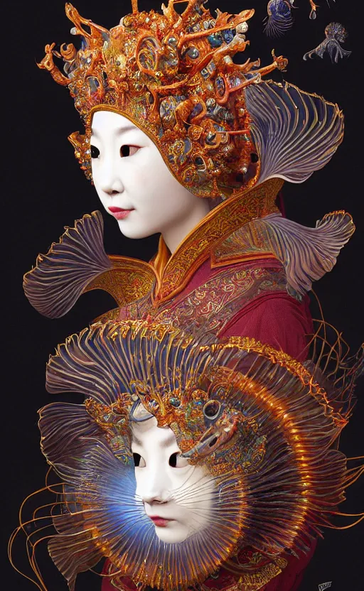 Prompt: 3 d cat close - up profile portrait with crown, beautiful intricately detailed peking opera mask and classical ancient chinese clothes. betta fish, jellyfish, phoenix, bio luminescent, plasma, ice, water, wind, creature, artwork by tomasz alen kopera and ellen jewett and beeple and greg rutkowski and victo ngai and reylia slaby