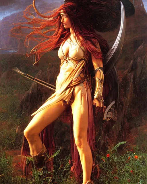 Image similar to beautiful female warrior, half body portrait, long flowing hair, standing in a fantasy environment, realistic oil painting by Thomas Cole and Wayne Barlowe